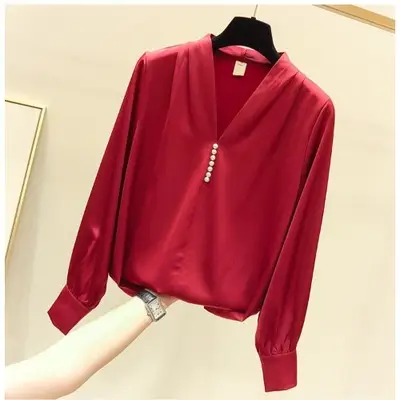 Women V-Neck Chiffon Pullover Grey Long Sleeve