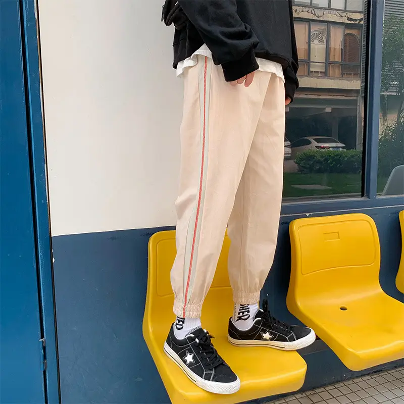 Men Ankle-Tied Sports Pants Beige with Red Strip - Image 5