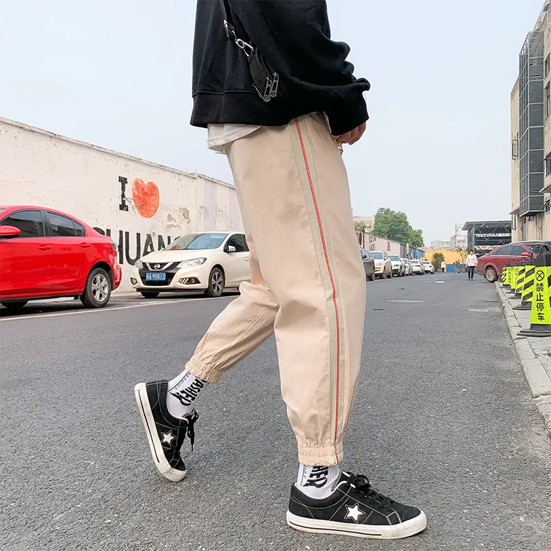 Men Ankle-Tied Sports Pants Beige with Red Strip - Image 6