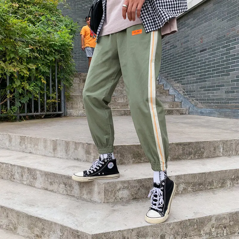 Men Ankle-Tied Sports Pants Beige with Red Strip - Image 7