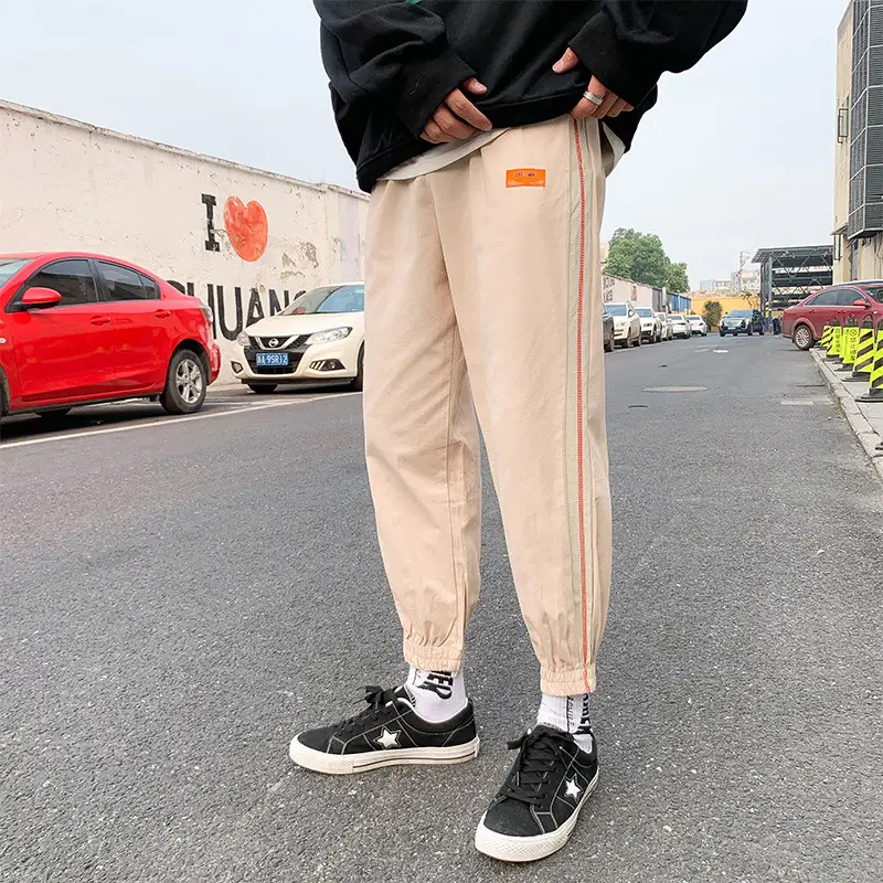 Men Ankle-Tied Sports Pants Beige with Red Strip - Image 2