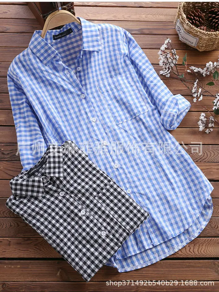 Women Cotton Plaid Lapel Shirt Navy Blue 2025 - Image 9