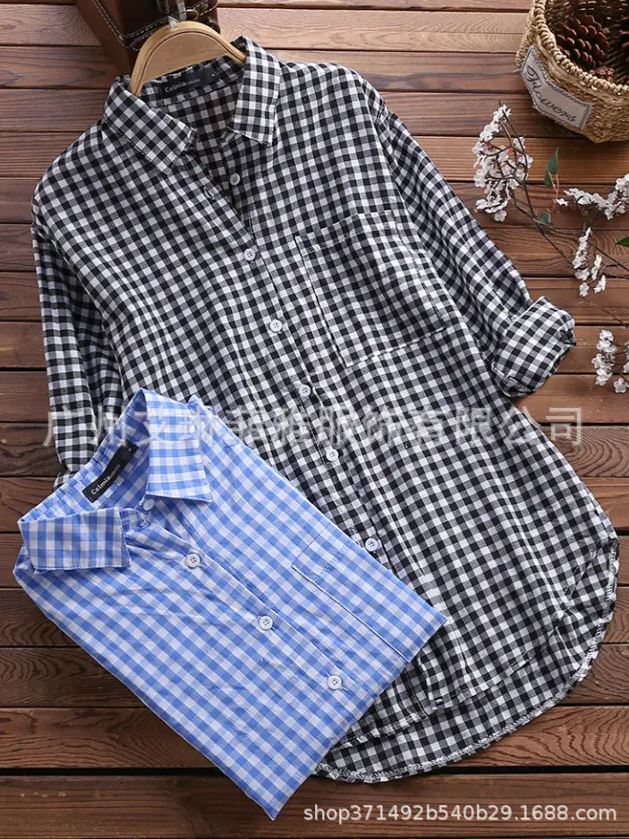 Women Cotton Plaid Lapel Shirt Navy Blue 2025 - Image 10