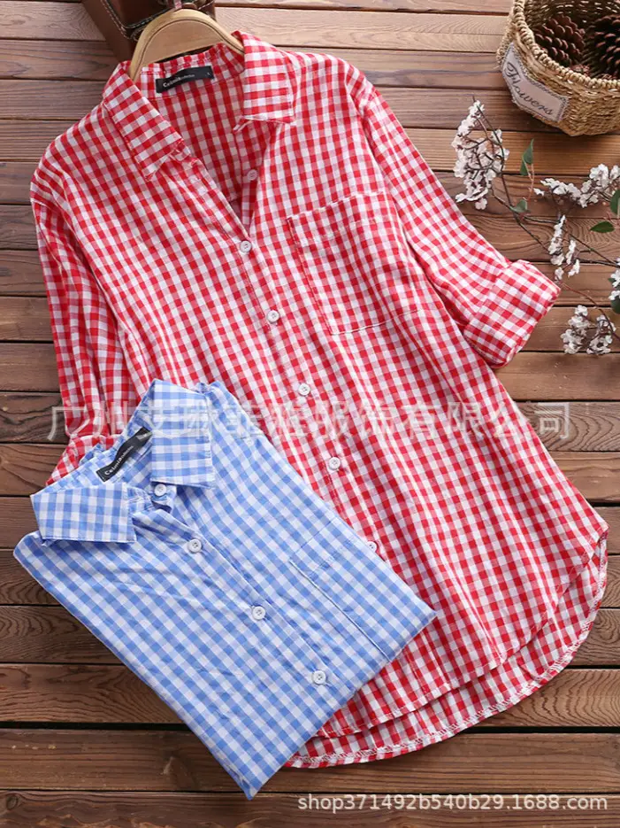 Women Cotton Plaid Lapel Shirt Navy Blue 2025 - Image 11