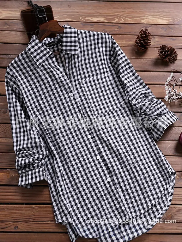 Women Cotton Plaid Lapel Shirt Navy Blue 2025 - Image 12