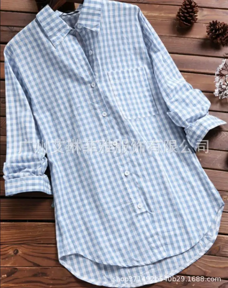 Women Cotton Plaid Lapel Shirt Navy Blue 2025 - Image 3