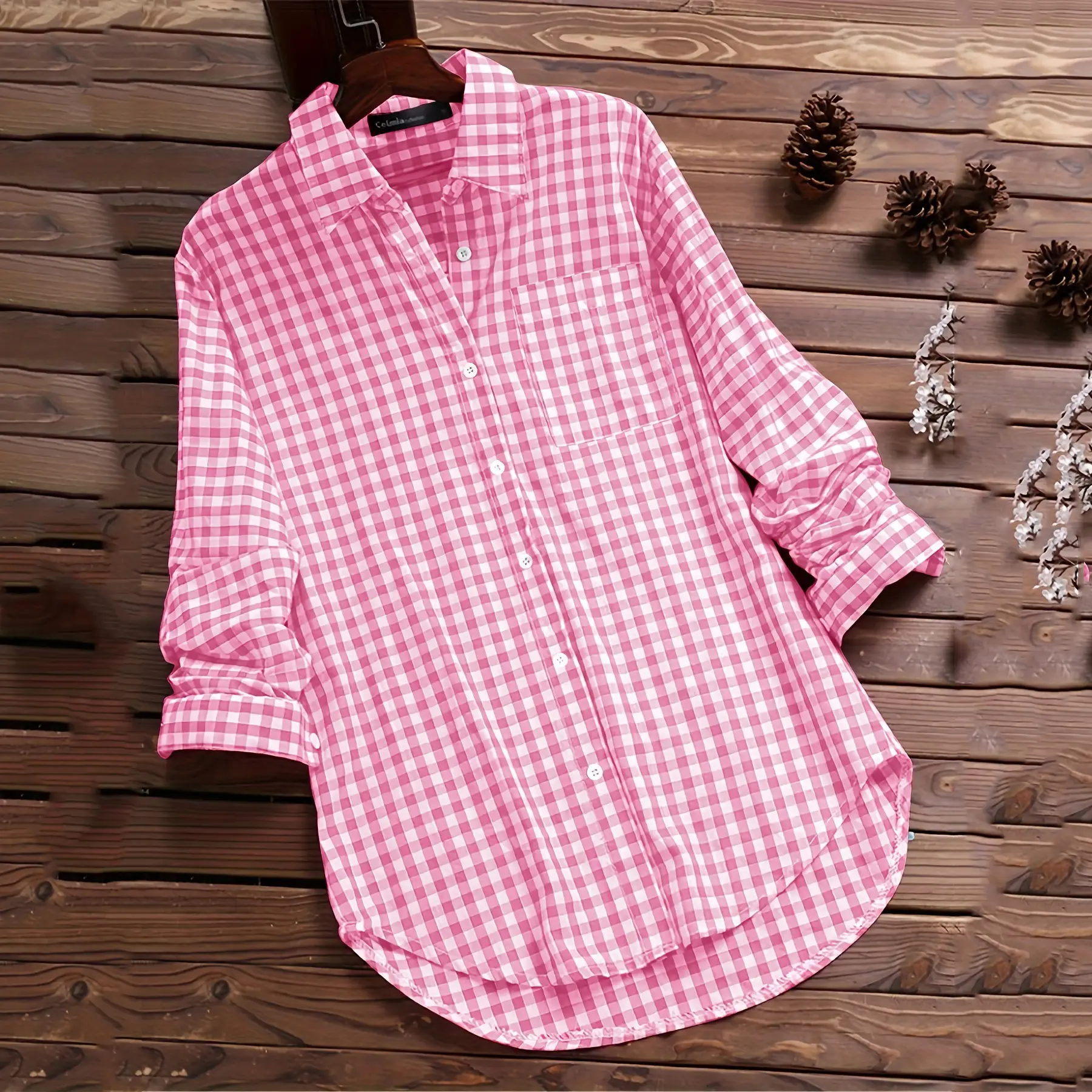 Women Cotton Plaid Lapel Shirt Navy Blue 2025 - Image 4