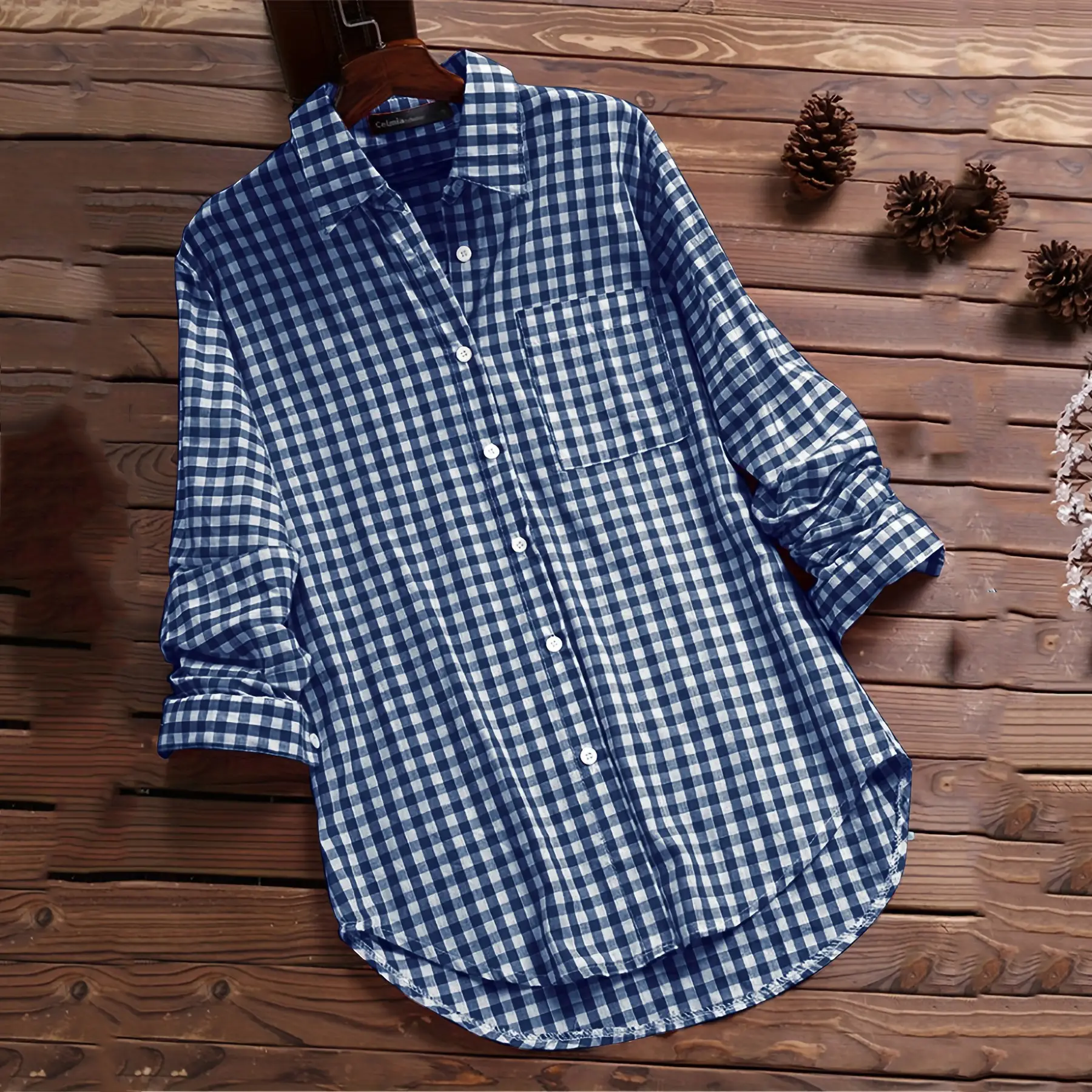 Women Cotton Plaid Lapel Shirt Navy Blue 2025 - Image 5