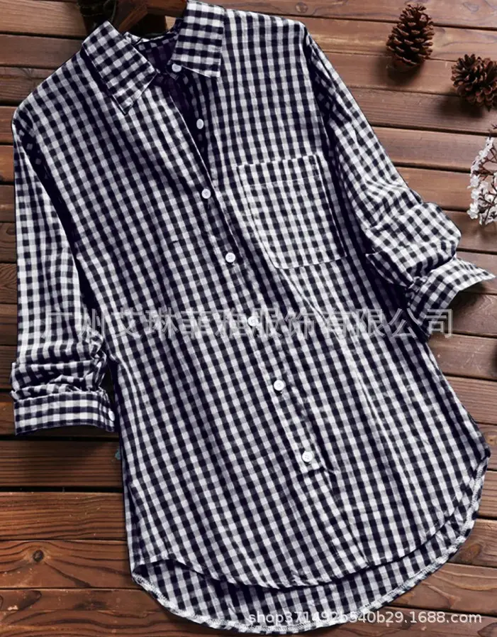 Women Cotton Plaid Lapel Shirt Navy Blue 2025 - Image 6