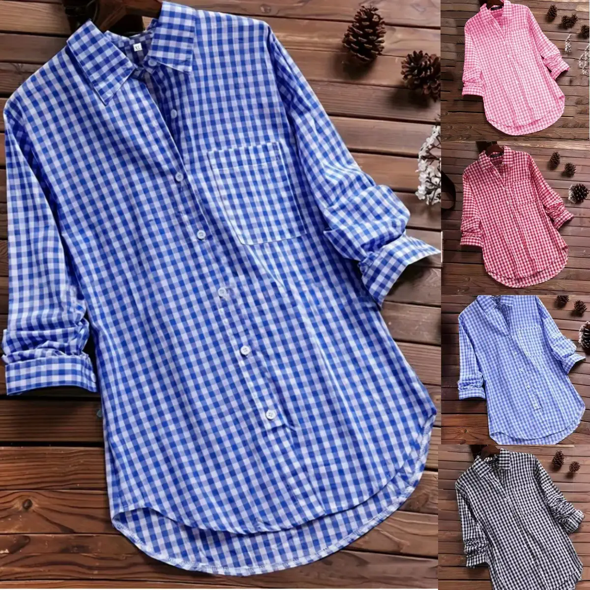 Women Cotton Plaid Lapel Shirt Navy Blue 2025 - Image 7