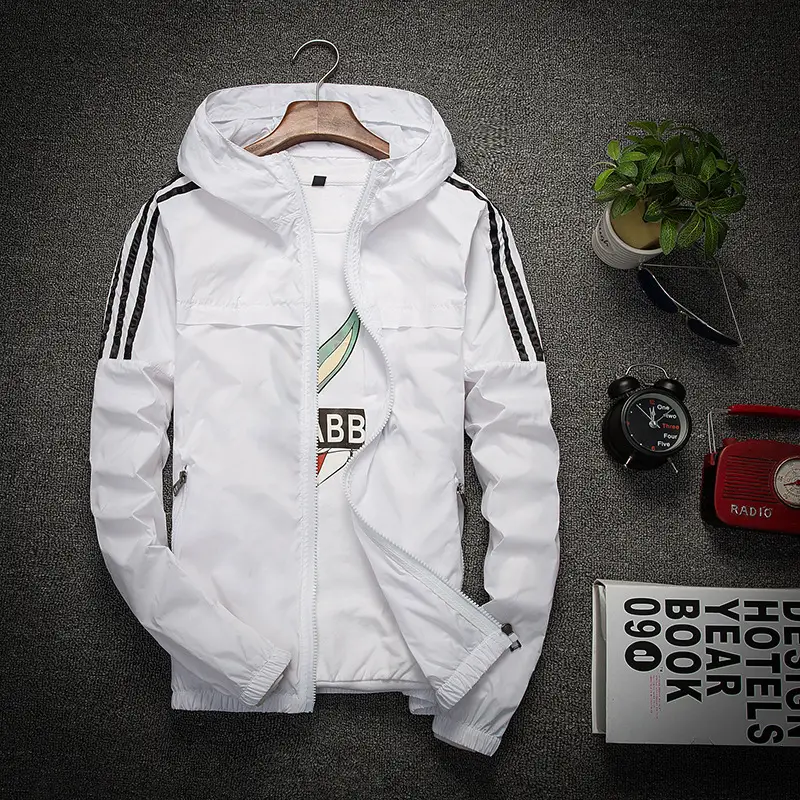 Men's White Full Zip Hoodie with Stripes