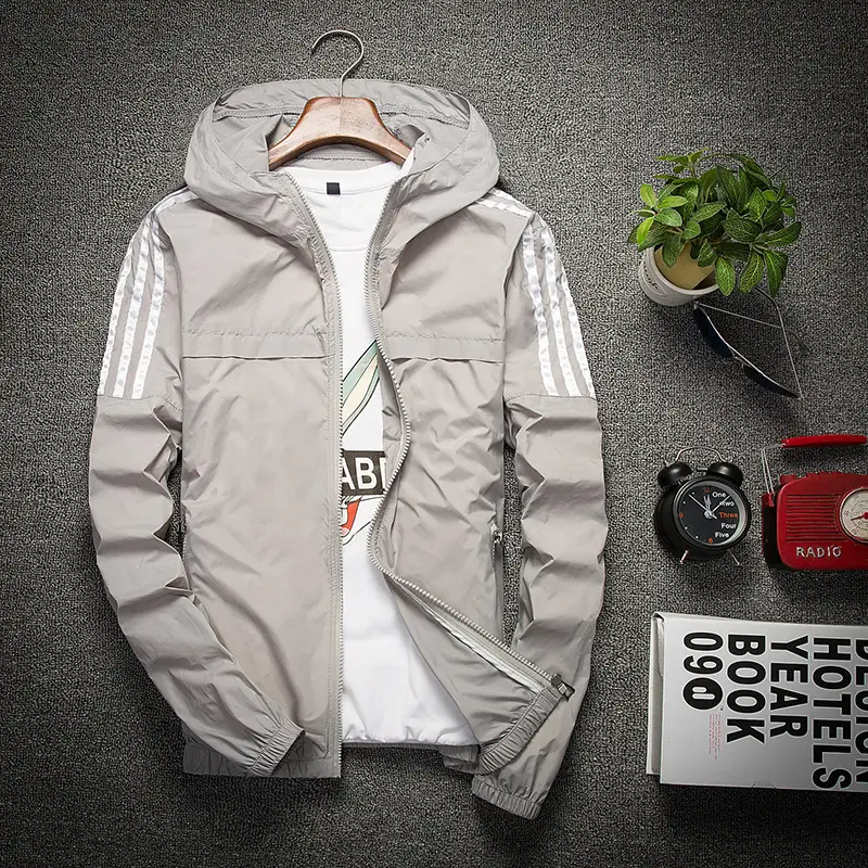 Men's White Full Zip Hoodie with Stripes