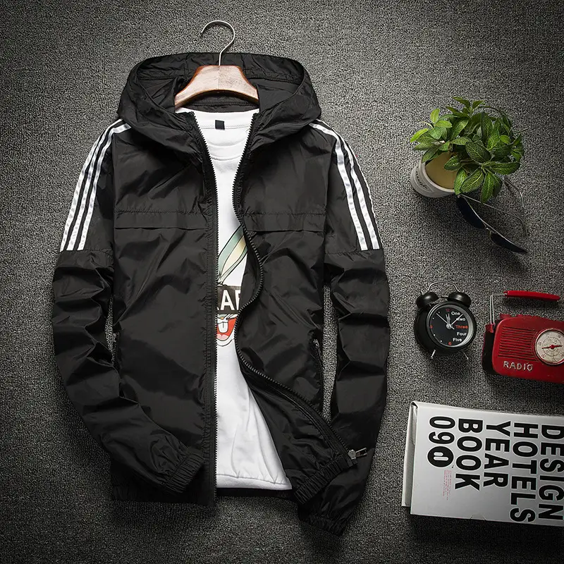 Men's White Full Zip Hoodie with Stripes