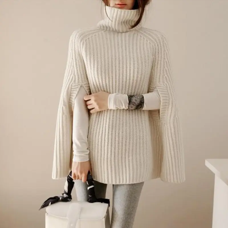 Women's Knitted Turtleneck Sweater with Retro Cape - Image 6