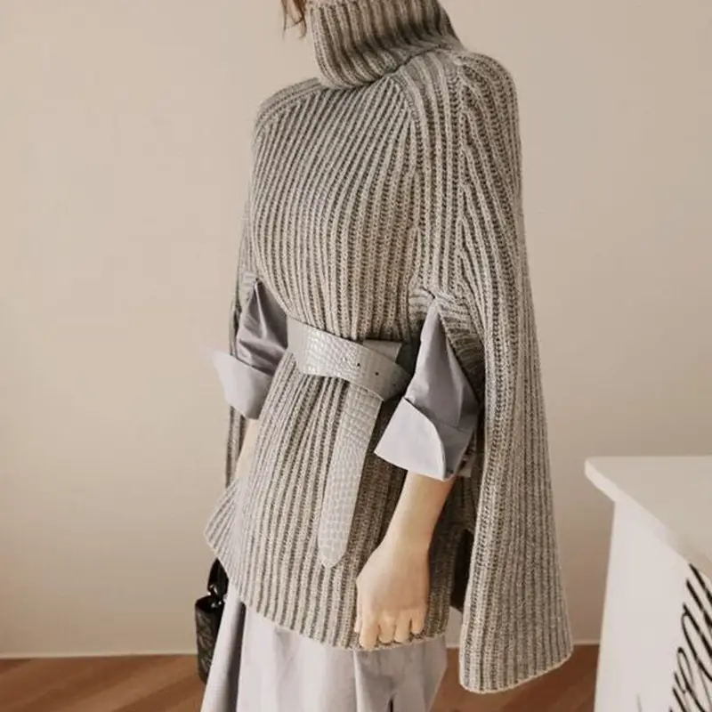 Women's Knitted Turtleneck Sweater with Retro Cape - Image 7