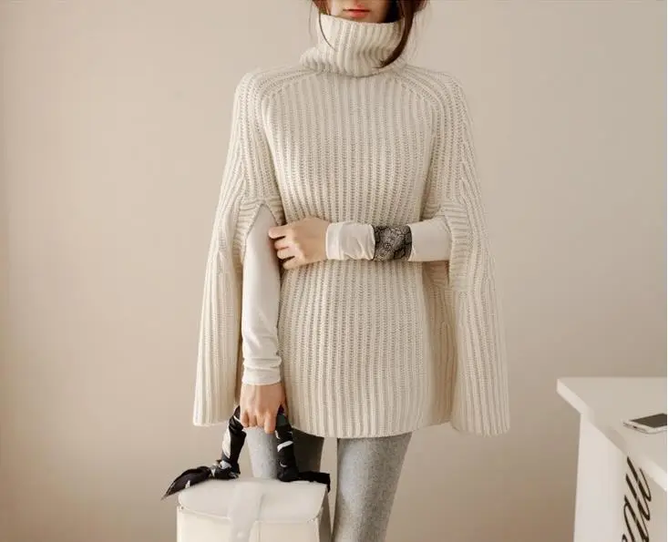 Women's Knitted Turtleneck Sweater with Retro Cape — feature 14