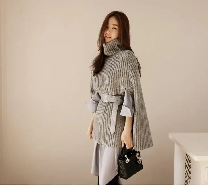 Women's Knitted Turtleneck Sweater with Retro Cape — feature 17