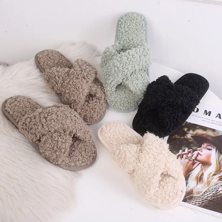 Autumn and Winter Home Candy Color Outdoor One-Fit Mao Slippers Women's Open Toe Slippers Home Cotton Slippers Women's Hair