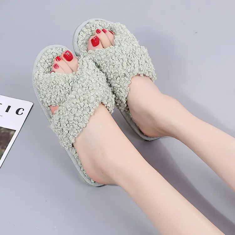 Autumn and Winter Home Candy Color Outdoor One-Fit Mao Slippers Women's Open Toe Slippers Home Cotton Slippers Women's Hair