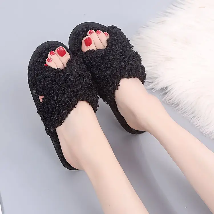 Autumn and Winter Home Candy Color Outdoor One-Fit Mao Slippers Women's Open Toe Slippers Home Cotton Slippers Women's Hair