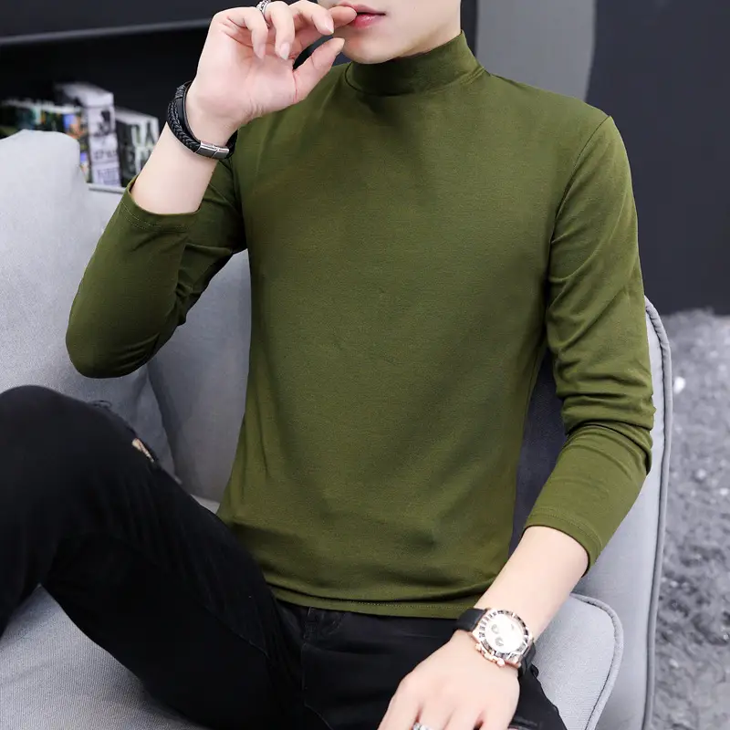 Men's Slim Fit High Collar T-Shirt Grey Spring Autumn - Image 8