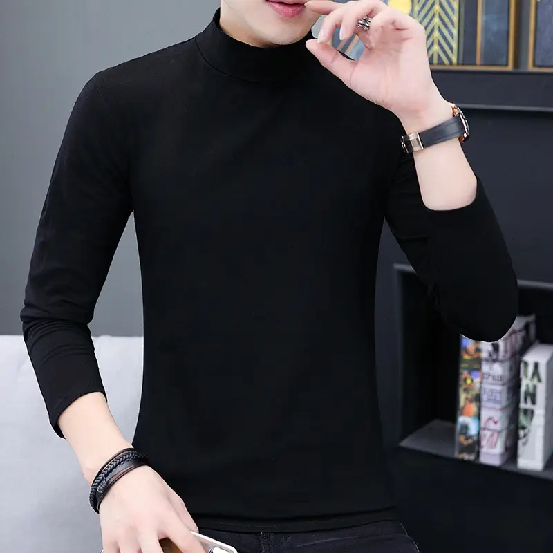 Men's Slim Fit High Collar T-Shirt Grey Spring Autumn - Image 9