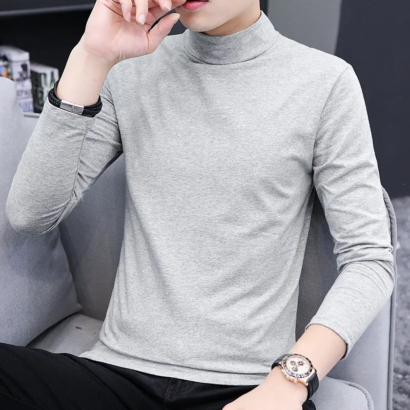 Men's Slim Fit High Collar T-Shirt Grey Spring Autumn - Image 10