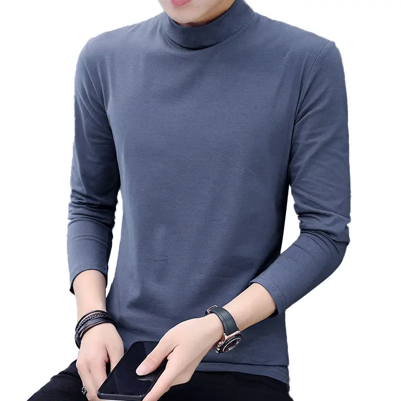 Men's Slim Fit High Collar T-Shirt Grey Spring Autumn - Image 11