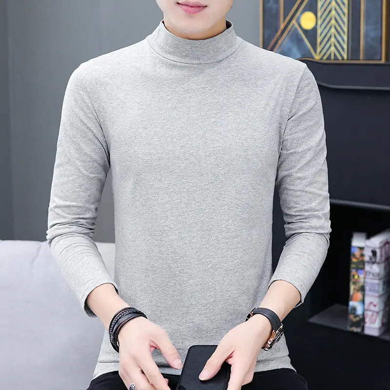 Men's Slim Fit High Collar T-Shirt Grey Spring Autumn - Image 2
