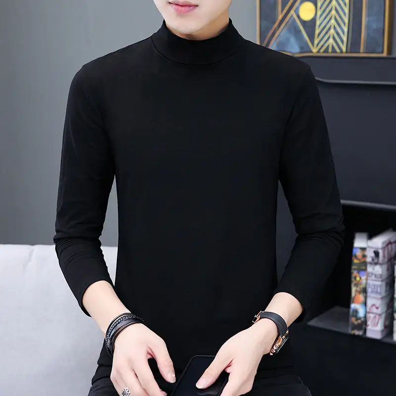 Men's Slim Fit High Collar T-Shirt Grey Spring Autumn - Image 3