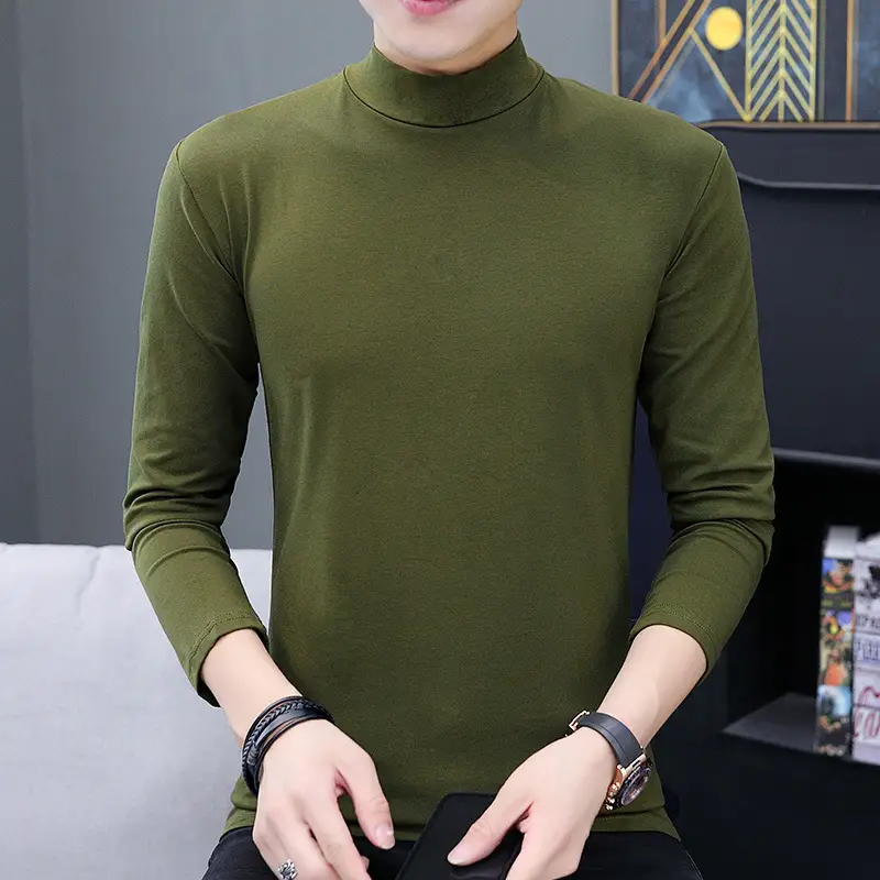 Men's Slim Fit High Collar T-Shirt Grey Spring Autumn - Image 4