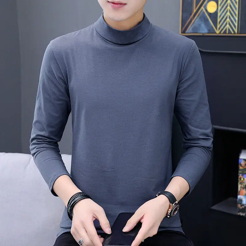 Men's Slim Fit High Collar T-Shirt Grey Spring Autumn - Image 7