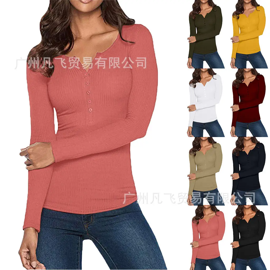 Women V-Neck Button Slim Fit Long Sleeve Top - Image 11
