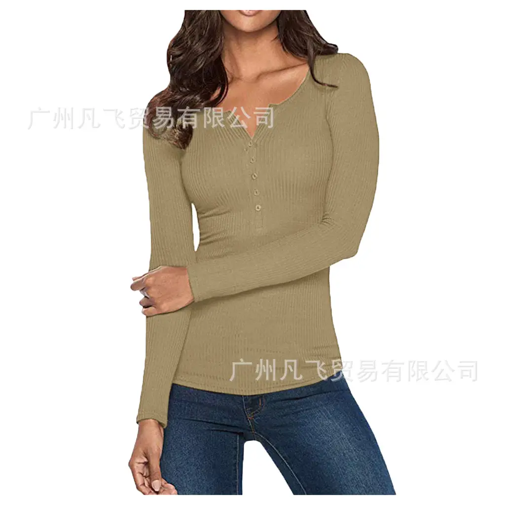 Women V-Neck Button Slim Fit Long Sleeve Top - Image 6