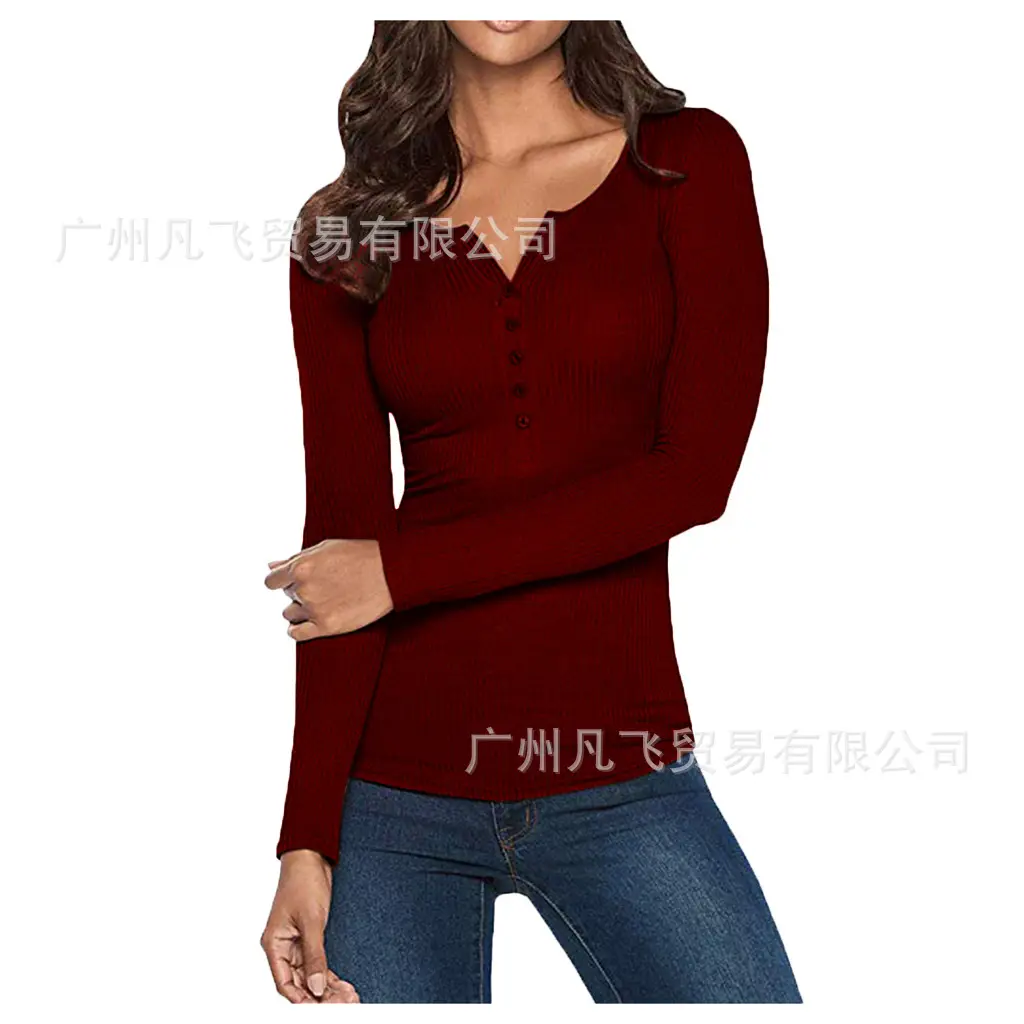 Women V-Neck Button Slim Fit Long Sleeve Top - Image 8