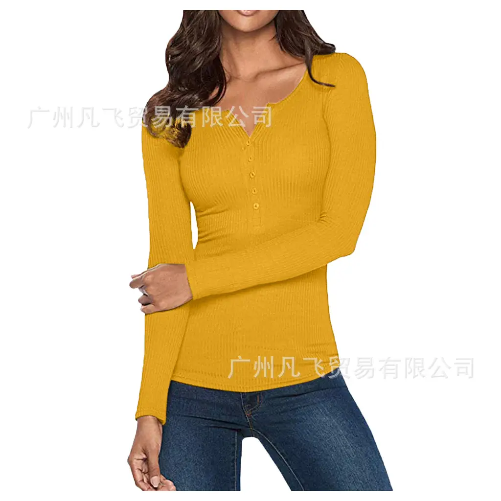 Women V-Neck Button Slim Fit Long Sleeve Top - Image 4