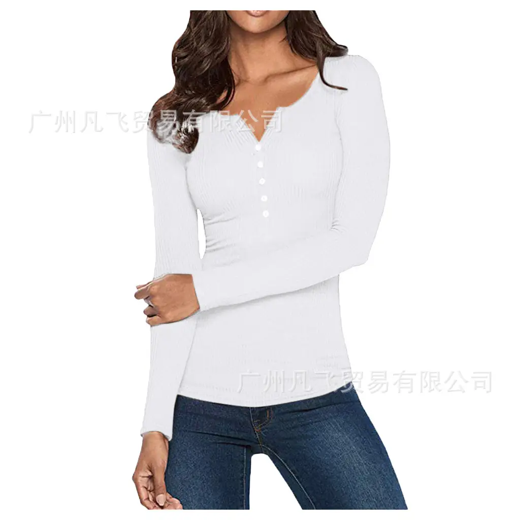 Women V-Neck Button Slim Fit Long Sleeve Top - Image 7