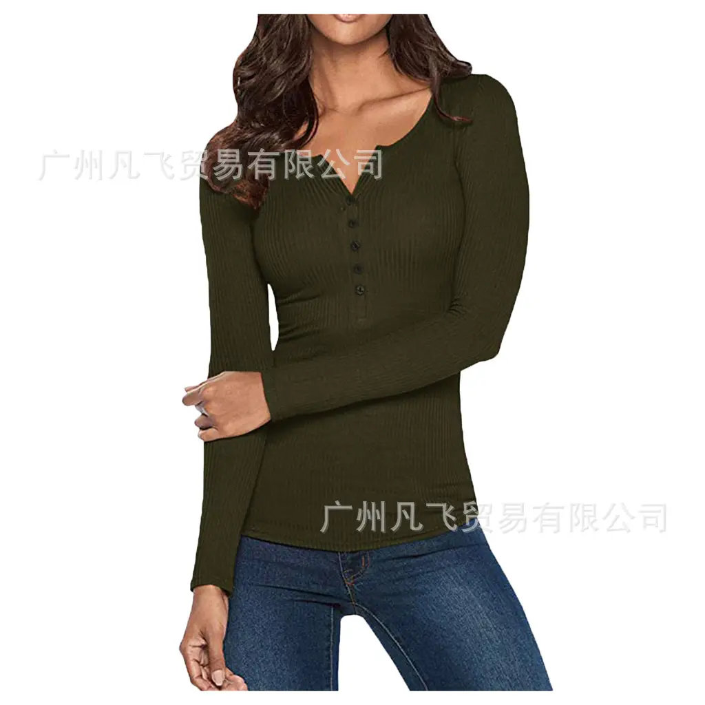 Women V-Neck Button Slim Fit Long Sleeve Top - Image 2