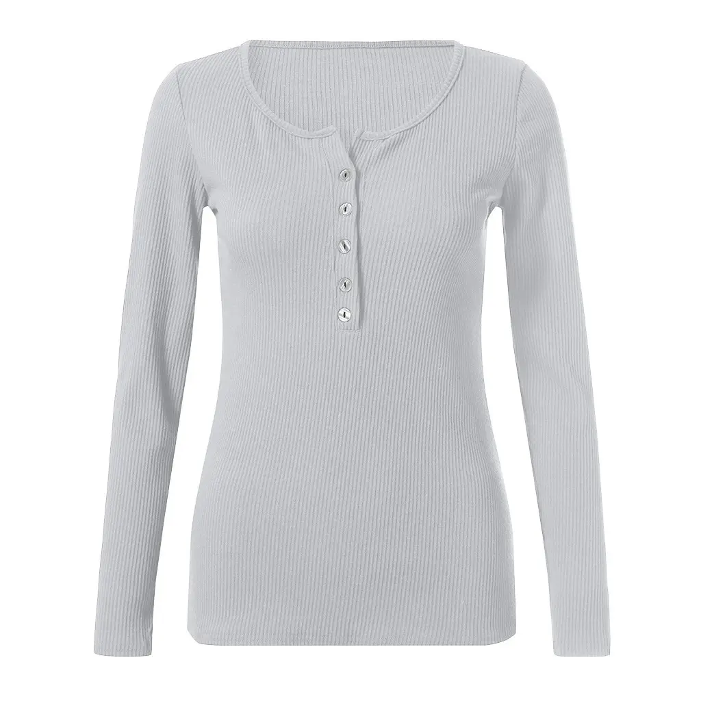 Women V-Neck Button Slim Fit Long Sleeve Top - Image 3