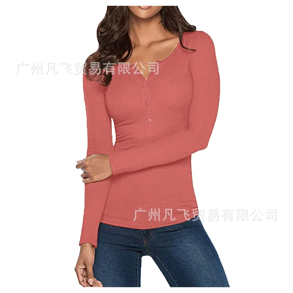 Women V-Neck Button Slim Fit Long Sleeve Top - Image 5