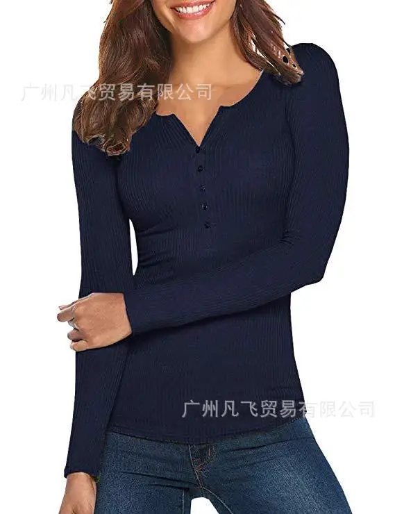 Women V-Neck Button Slim Fit Long Sleeve Top - Image 9