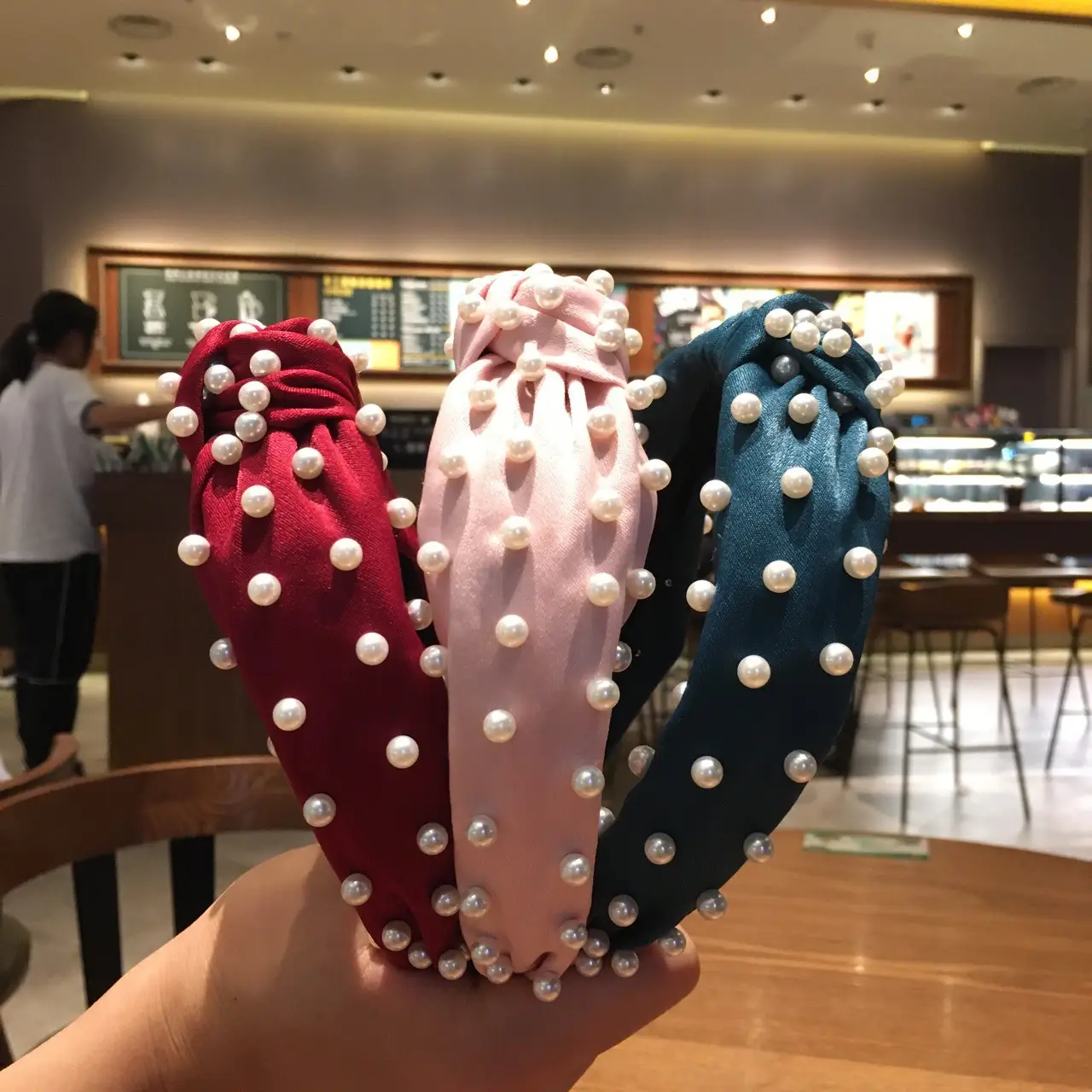 Korean Style Pearl Knotted Headband with White Beads - Image 10