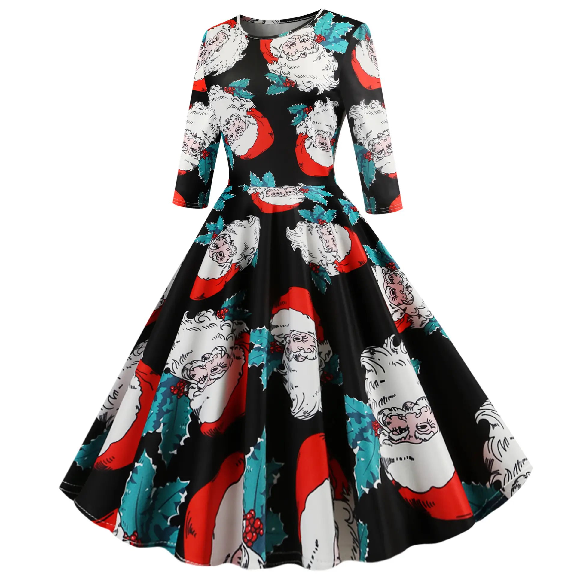 2019 Christmas Half Sleeve Vintage Printed A-Line Dress - Image 3