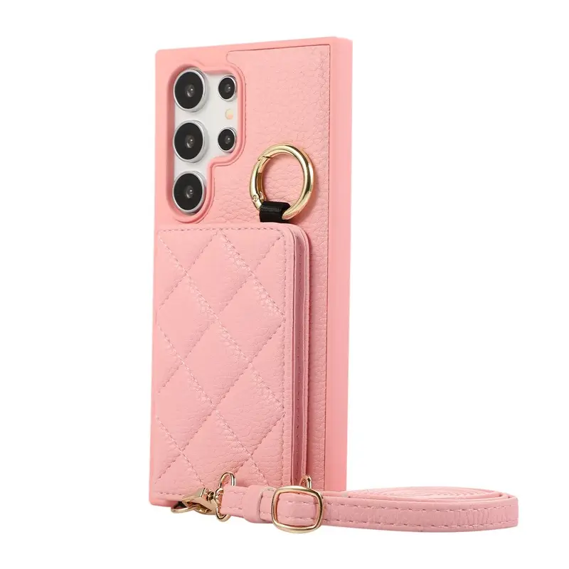 Black Lychee Pattern Phone Case with Ring Lanyard