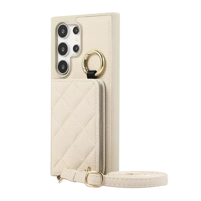 Black Lychee Pattern Phone Case with Ring Lanyard