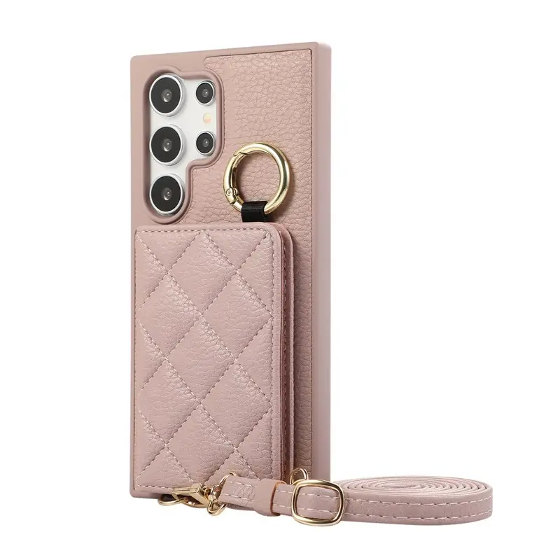 Black Lychee Pattern Phone Case with Ring Lanyard