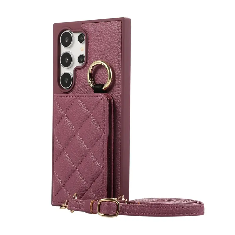 Black Lychee Pattern Phone Case with Ring Lanyard