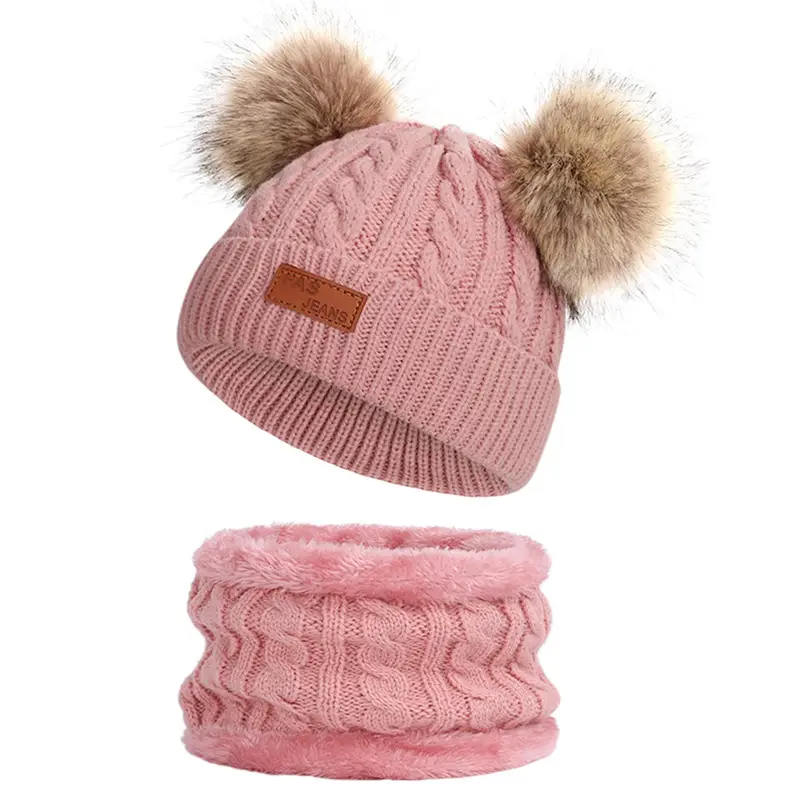 Winter Kidsren's Scarf Hat Two-Piece Set Pom-Pom Baby Baby Knitted Hat Warm Wool Fleece-Lined Thickeneded Neck Cover