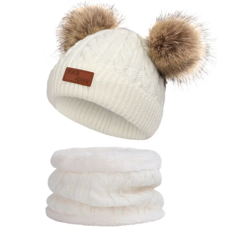 Winter Kidsren's Scarf Hat Two-Piece Set Pom-Pom Baby Baby Knitted Hat Warm Wool Fleece-Lined Thickeneded Neck Cover