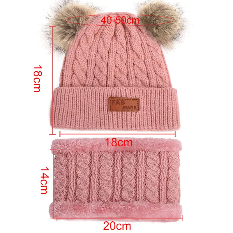 Winter Kidsren's Scarf Hat Two-Piece Set Pom-Pom Baby Baby Knitted Hat Warm Wool Fleece-Lined Thickeneded Neck Cover